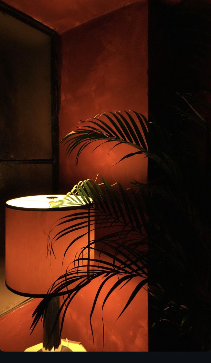 Moody terracotta room with a glowing lamp and palm-frond shadows